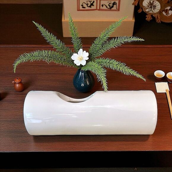 Japanese Inspired White Ceramic Ikebana Vase by Live Trends – 9" Cylinder Shape - Picture 1 of 10